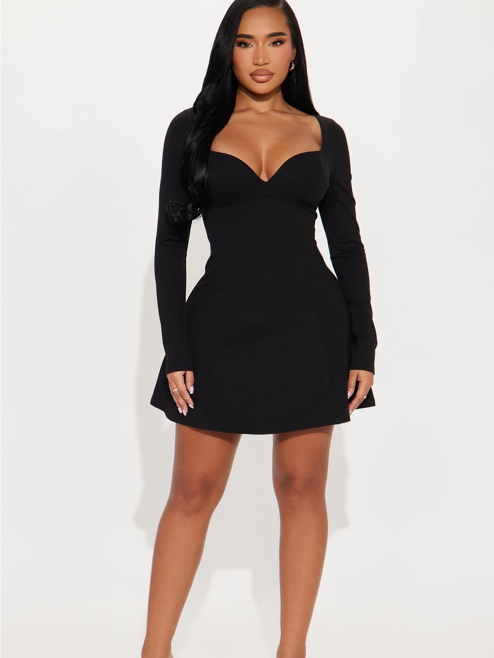 Long Sleeve Black Mini Dress with Sweetheart Neckline